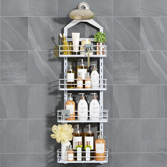 ODesign 4 Tier Height-Adjustable Shower Caddy Hanging Anti-Swing-Over The Shower Head Caddy-Storage Organizer Bathroom Shelves Basket-White