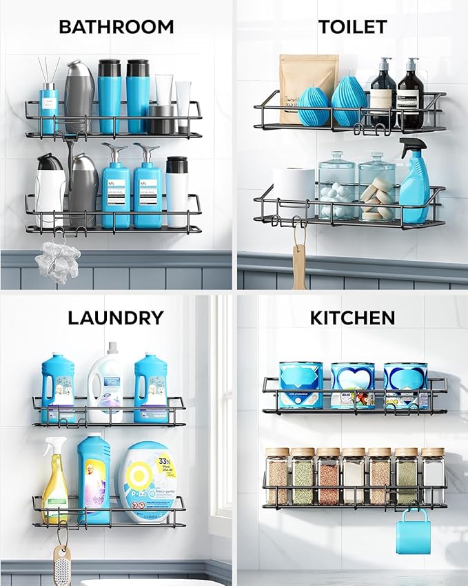 Nieifi Shower Caddy Shelf with Hooks Storage Rack Organizer Adhesive Stainless Steel Without Drilling for Bathroom, Lavatory, Washroom, Restroom, Shower, Toilet, Kitchen - 2 Pack (Black)-NeatNest