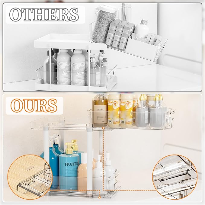 Yieach 2 Pack 2 Tier Under The Sink Organizer With Track,9.8 Inch Tall Bathroom Cabinet Organizer,Clear Under Sink Pull Out organizer for Kitchen,Vanity,Counter,Vanity,Medicine,Makeup,Hair Products-NeatNest