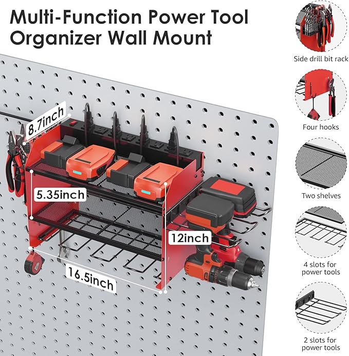 CCCEI Modular Power Tool Organizer Wall Mount Charging Station, Red 6 Drills Holder with 8 Plug Power Strip, Garage Drill Battery Heavy Duty Metal Shelf, Utility Rack with Hooks, Side Storage.-NeatNest