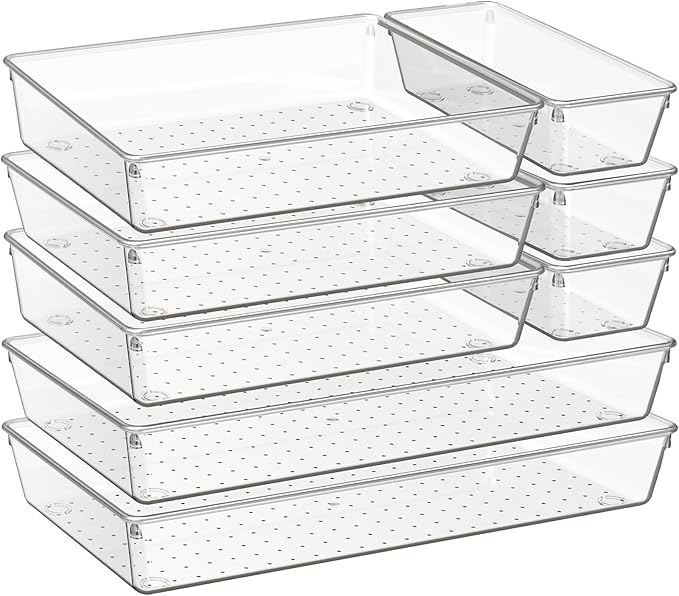 Criusia 8 Pack Drawer Organizer for Kitchen Gadgets, Large Clear Plastic Drawer Divider for Kitchen Accessories, Bathroom Organizers and Storage, Home Essentials for Makeup and Vanity Accessories-NeatNest
