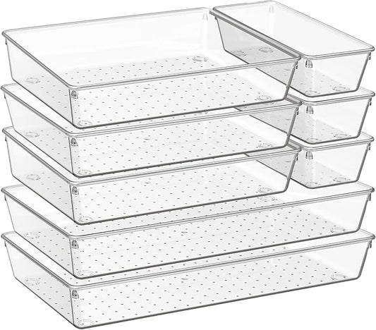 Criusia 8 Pack Drawer Organizer for Kitchen Gadgets, Large Clear Plastic Drawer Divider for Kitchen Accessories, Bathroom Organizers and Storage, Home Essentials for Makeup and Vanity Accessories-NeatNest