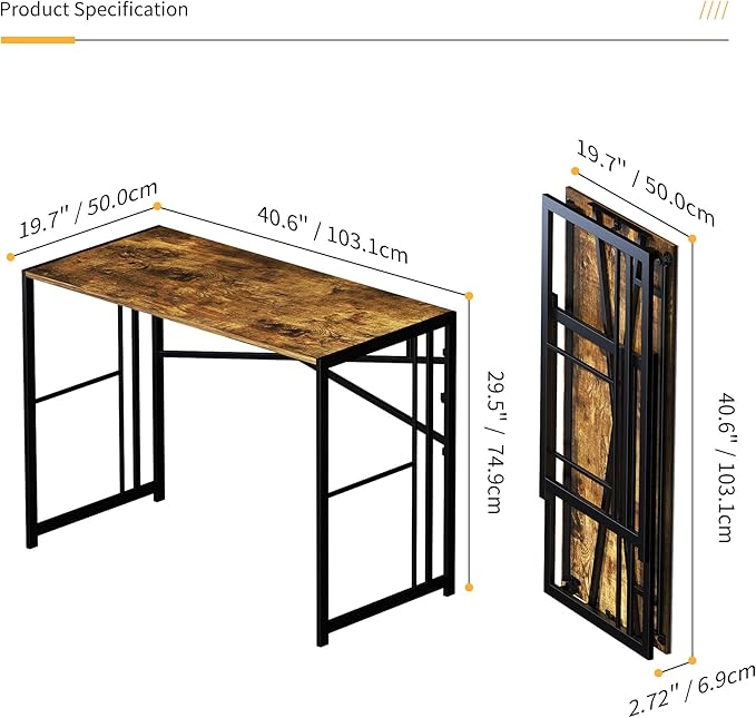 40 inch Folding Computer Desk, Writing Gaming Computer Camping Desk, No Assembly Required Home Office Table, Rustic Brown-NeatNest