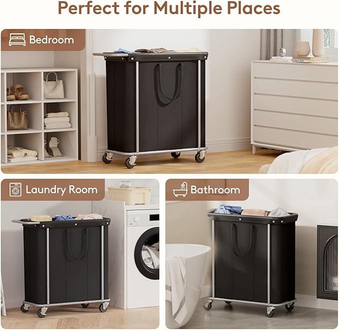 Lifewit 200L Large Laundry Basket with Wheels, Tall 3 Section Laundry Hamper Organizer, Rolling Laundry Cart with Steel Frame & Removable Bag for Luandry Room Bathroom Bedroom, Black
