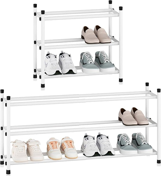 STORAGE MANIAC Expandable Shoe Rack, 12 Pairs Stackable Small Shoe Rack, Metal Adjustable Shoes Organizer for Closet, Entryway, Hallway, Garage, Front Door, Shoes Shelves, White 3 Tier-NeatNest