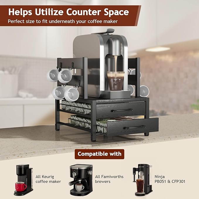 K Cup Holder Drawer - K Cup Storage Organizer, Coffee Pod Drawer with Hooks, Durable Iron-Wood Design, Space-Saving Coffee Station Organizer for Kitchen Counter-NeatNest