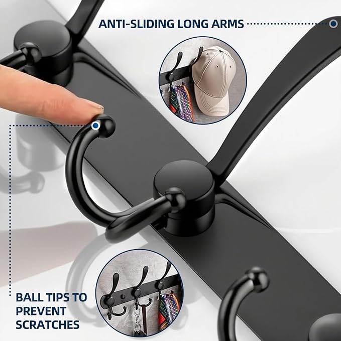 2 Pack 5 Tri-Hooks Coat Rack Wall Mounted - Thickened 304 Stainless Steel Coat Hooks, 16 Inches Heavy Duty Coat Rack Wall Mount, Anti-Sliding Towel Hooks, Holding up to 44 lbs, Matte Black