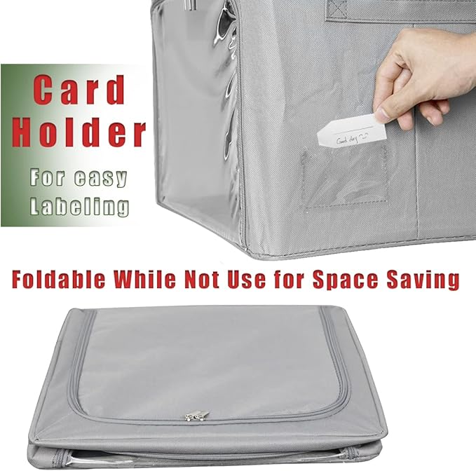 Clothes Storage Box Bins Stackable Foldable Organizer with Metal Frame for Clothing Bedding Shelves,Closet Container with Clear Window Zipper and Label Holder (Gray,Small-40L x3 Pack)-NeatNest