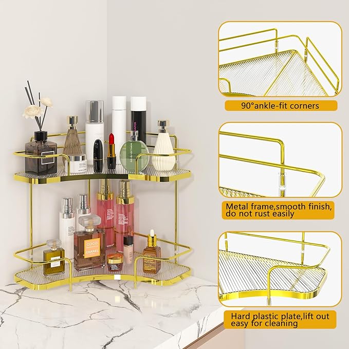 FOLLOWIN 2 Tier Bathroom Corner Countertop Organizer,Make Up Organizers and Storage,Corner Counter Shelf,Skincare Makeup Cosmetic Vanity Lotion Perfume Organizers Holder,Shine Gold-NeatNest