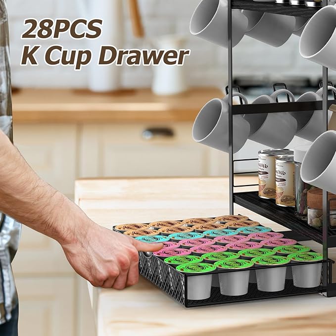 Coffee Bar Organizer, 3 Tier Station for Countertop, Mug Cup Holder Stand With 28 K Cup Storage and 12 Hooks for Kitchen, Home & Office, Black-NeatNest
