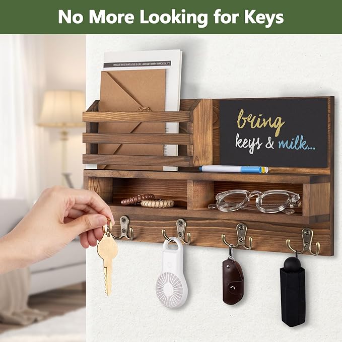 Key Holder for Wall, Wall Mounted Mail Holder Wooden with Shelf & 3 Liquid Chalks & Chalkboard, Mail Sorter Organizer, Rustic Home Decor (15.98”W x 9.1”H x 3.3”D), Burnt Brown