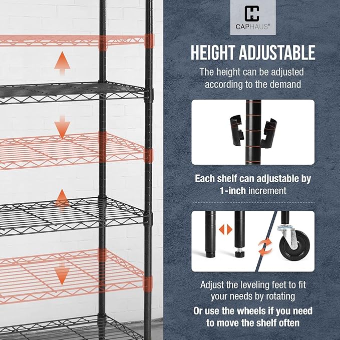 CAPHAUS NSF Commercial Grade Wire Shelving w/Wheels, Leveling Feet & Liners, Storage Metal Shelf, 48 x 18 x 76 5-Tier No Liner (RWW-CH48185HDW-BK@CH-CM)-NeatNest