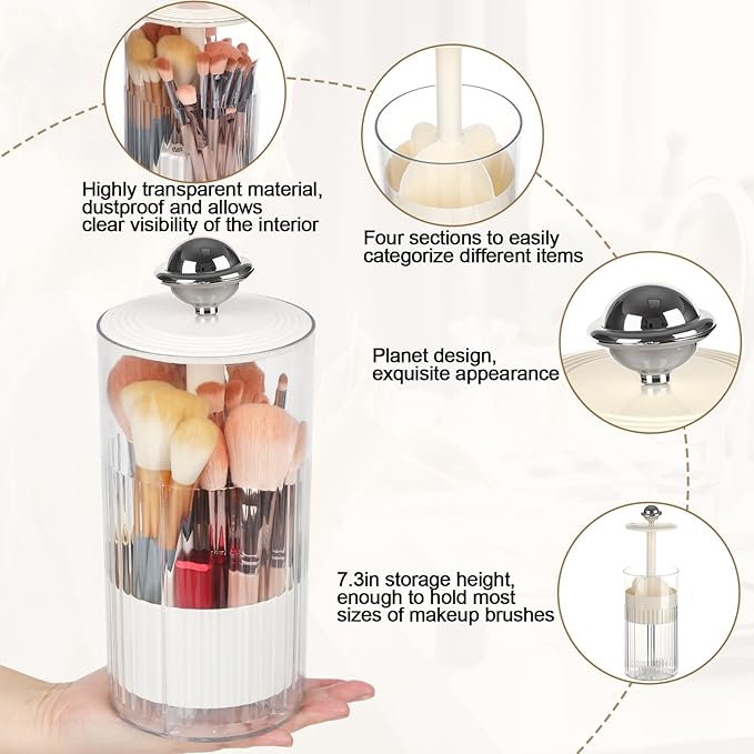 2 Pack Makeup Brush Holder with Lid Automatic Lifting Makeup Brush Organizer with Lid Dustproof & Waterproof 4-Compartment Clear Makeup Organizer for Vanity,Office,School,Dorm Room,Silver+Silver-NeatNest