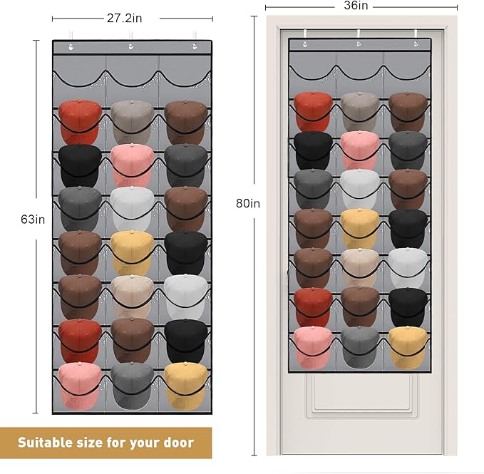 Hat Rack for Baseball Caps, 24 Pocket Over The Door Hat Organizer Storage, Hat Holder for Door with 3 Hooks, Grey - 1 Pack-NeatNest
