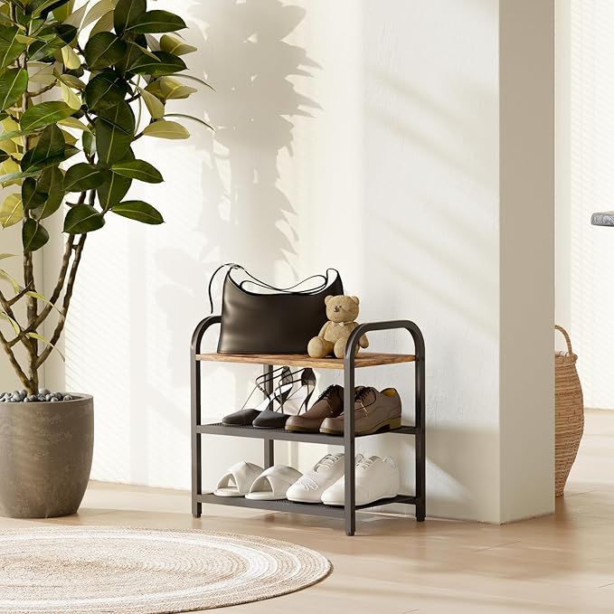 3-Tier Shoe Rack, with Heavy-Duty Metal Grid, Rustic Wooden Top, & Metal Guardrails - Transform Your Space with Style and Functionality Living Room, Kitchen, Bedroom, Garage, & Bathroom-NeatNest