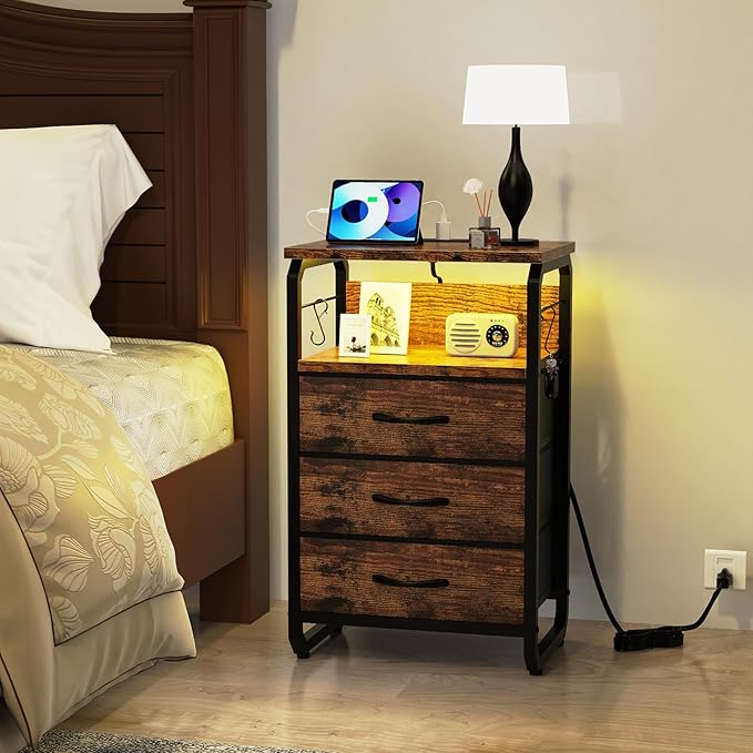 Tall Nightstand Set of 2 with Charging Station, Bed Side Tables Bedroom Set of 2, LED Night Stand Set 2, Bedside Table with Drawers, Night End Table with Storage for Bedroom, Dorm Rustic Brown
