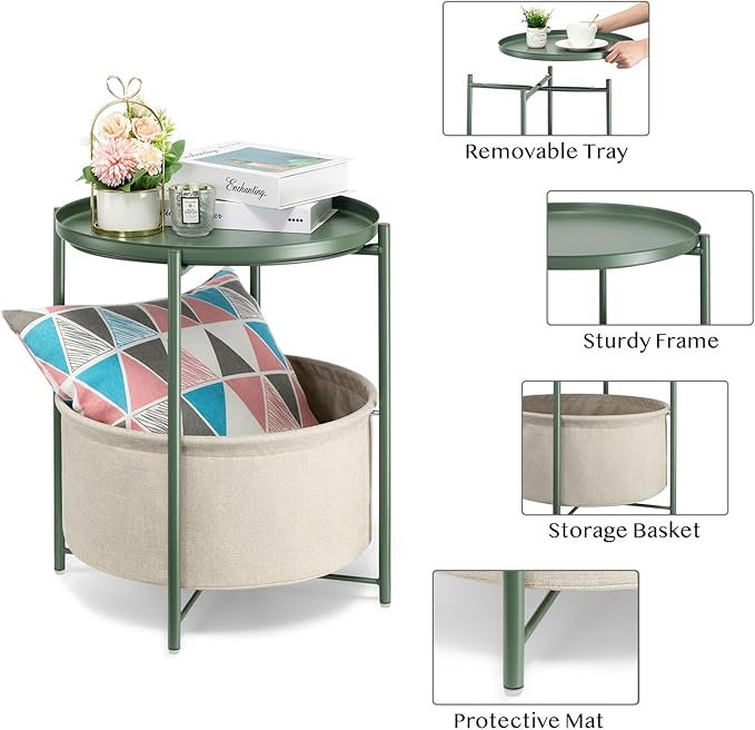 danpinera Round Side Table with Fabric Storage Basket, Metal Side Table Small Bedside Nightstand with Removable Tray for Living Room, Bedroom, Nursery, Dark Green-NeatNest
