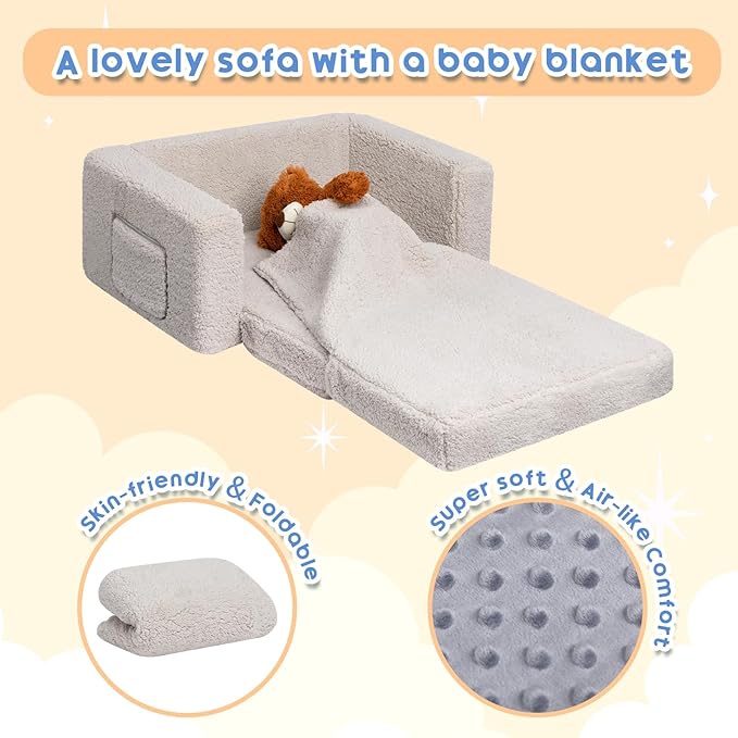ALIMORDEN Fold Out Toddler Couch, Extra Wide Comfy 2-in-1 Cuddly Sherpa Sofa for Kids, with Removable Baby Friendly Blanket, Convertible Sofa to Bed, Light Grey-NeatNest