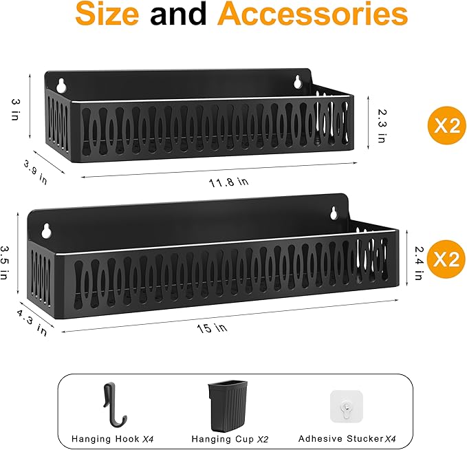 4 Pack Magnetic Spice Rack for Refrigerator, Spice Rack Organizer, Moveable Magnetic Shelf Fridge Organizer with 4 Hooks for Kitchen and Oven Organization, Black Large