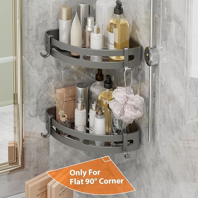 Adhesive Shower Corner Caddy，Heavy Duty Shower Corner Shelves Rack with 8 Hooks and 1 Towel Bar，Rustproof Bathroom Organizer No Drilling Wall Mounted(2 Pack-Gunmetal)