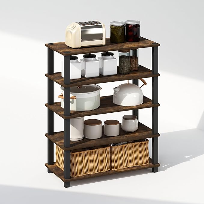 Furinno Turn-S-Tube 3-Tier Multipurpose Stackable Standing Shelves, Amber Pine/Black, Set of 2-NeatNest