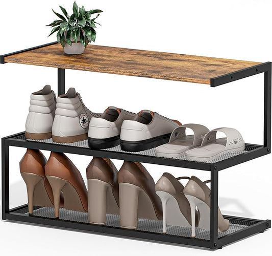 Shoe Rack, Unique 5-Shaped Free Standing Shoe Shelf, 3-Tier Wooden Shoe Organizer with Wooden Top and Steel Frame for Front Door Entrance, Entryway, Hallway, 24.41" D x 11.02" W x 16.14" H-NeatNest