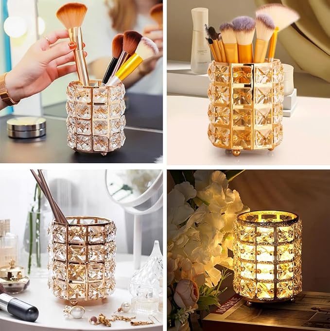 AKOAK 1 Pack Crystal Makeup Brush Holder Office Supplies Storage Rack Eyebrow Pencil/Lipstick/Pencil Makeup Container, Dressing Table, Bedroom, Office (Gold)-NeatNest