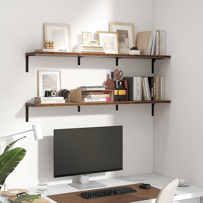 Fun Memories Deep Floating Shelves, 48W x 8D Floating Shelves Set of 2, Wall Mounted Shelf with Metal Brackets, Rustic Wood Wall Shelf for Bathroom, Kitchen and Living Room, Rustic Brown-NeatNest