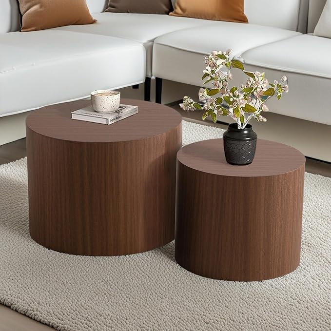 Modern Round Nesting Coffee Table Set of 2, Vertical Stripe Design Drum Coffee Table Cocktail Table, Round Side Table for Living Room, Bedroom, Office, Balcony (G14.6+18.1")