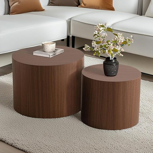 Modern Round Nesting Coffee Table Set of 2, Vertical Stripe Design Drum Coffee Table Cocktail Table, Round Side Table for Living Room, Bedroom, Office, Balcony (G14.6+18.1")