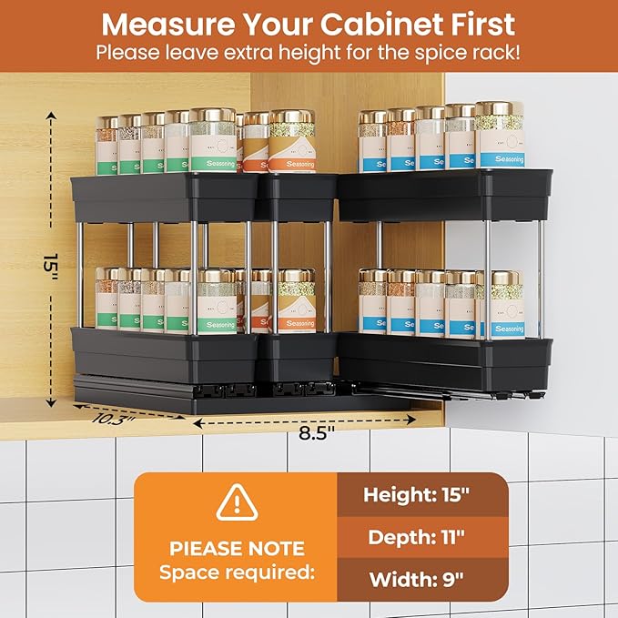 3 Packs Pull Out Spice Rack Organizer for Cabinet, Vertical Spice Rack Pull Out, Heavy Duty Slide Out Seasoning Organizer, 2.3''Wx10.35''Dx8.26''H, 3 Drawers 2 Tiers(Black)