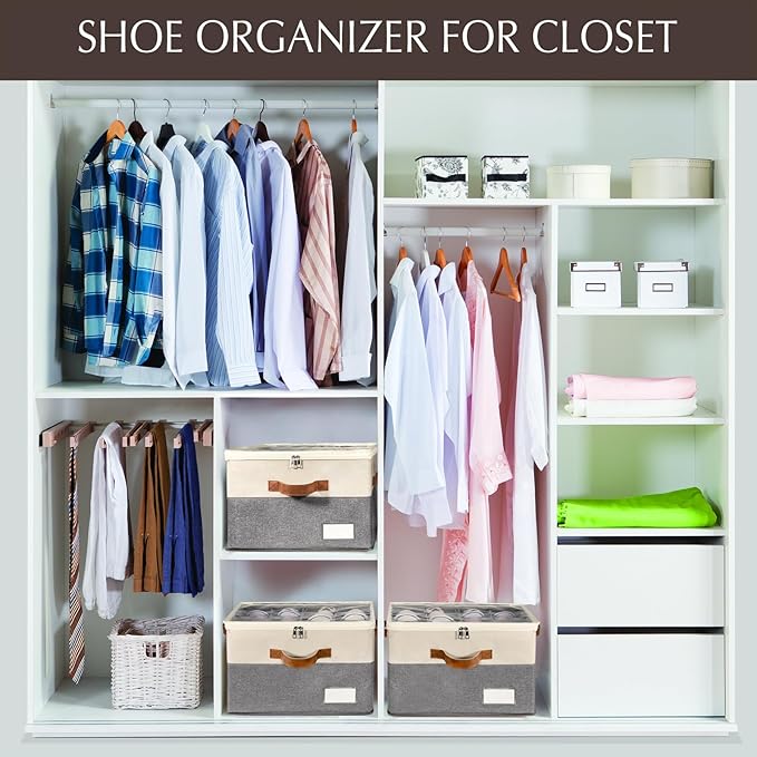 1 Pack Shoe Organizer for Closet, Adjustable Shoe Box Storage Containers, Large Foldable Shoe Bins with Clear Cover, Space Saving Shoes Holder with 4 Handles, Fits 8-16 Pairs, Beige-NeatNest