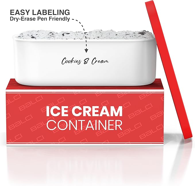 BALCI - Ice Cream Container - 2 Quart - Perfect Reusable Freezer Storage for Homemade Ice Cream Tubs for Sorbet, Frozen Yogurt and Gelato! - Flexible Silicone Lids, Long Scoop, Stackable - Red