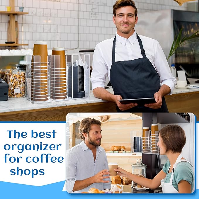 3 Compartments Acrylic Coffee Cup Dispenser Organizer Paper Cup Lid Sleeve Holder Organizer Coffee Shop Supplies Holder Storage for Counter Wall(Clear)-NeatNest