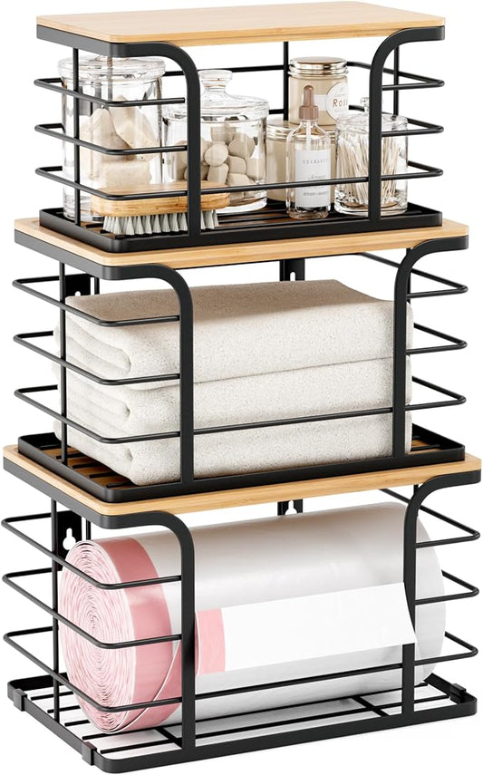 3 Pack Stackable Pantry Organizer,Stainless Steel Trash Bag Holder Dispenser,Kitchen Storage Organization for Kitchen Counter Sink,Laundry Room,Pantry, Black-NeatNest