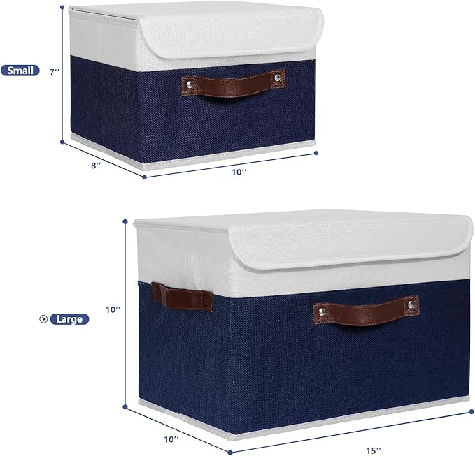 ANMINY 2PCS Storage Boxes with Lid Washable Decorative Storage Bin Basket with PU Leather Handle Foldable Linen Fabric Storage Cube Container for Home Closet Organizer - Deep Blue White, Large Size-NeatNest