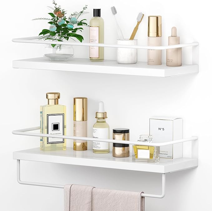 Onlysky White Floating Shelves with White Towel Rack - Set of 2 Wall Mounted Hanging Bathroom Shelves, Decorative Shelves for Stylish Storage in Bathroom, Kitchen, Living Room & Bedroom