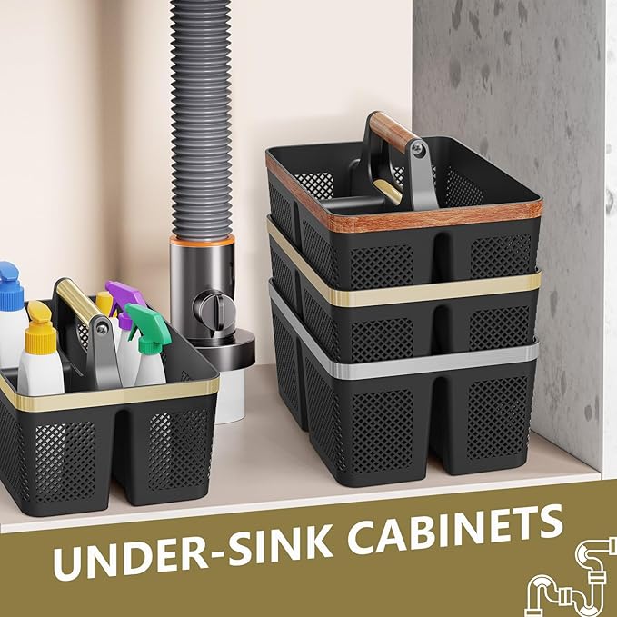 Shower Caddy Dorm Men: Plastic Bathroom Caddy Organizer with Handle and Holes, Bath Caddy for College Dorm, Portable Shower Basket Tote for Toiletry, Travel, GYM, Camp Essentials Black/Gold