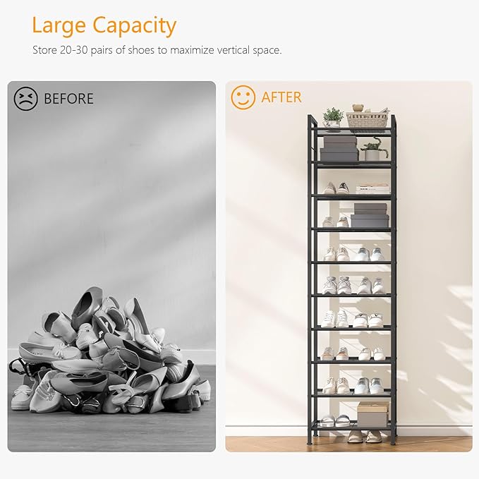 usikey 10 Tiers Narrow Shoe Rack 20-30 Pairs, Sturdy Metal Tall Shoe Rack Shelf with 4 Hooks, Slim Shoe Storage with Metal Shelf, Space Saving Vertical Shoe Organizer for Entryway, Closets, Black