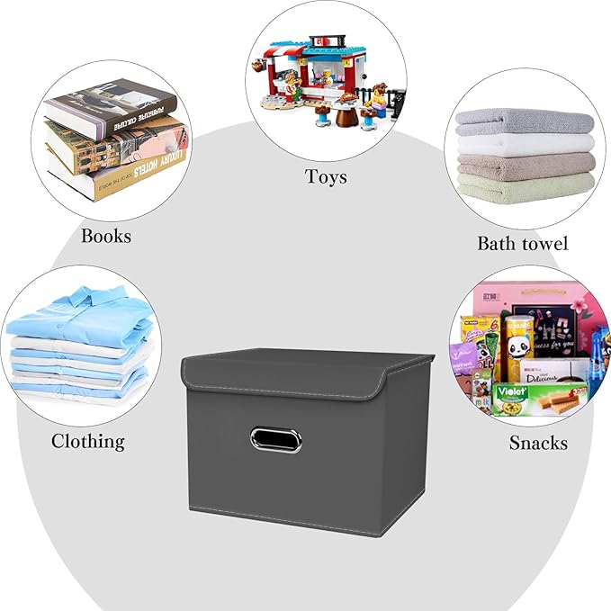 1-Pack Large Collapsible Storage Bins with Lids,Fabric Storage Cubes Organizer for Shelves,Closet,Nursery,Foldable Cube Storage Baskets with Handles,Home Boxes (14.9"x9.8",Grey)