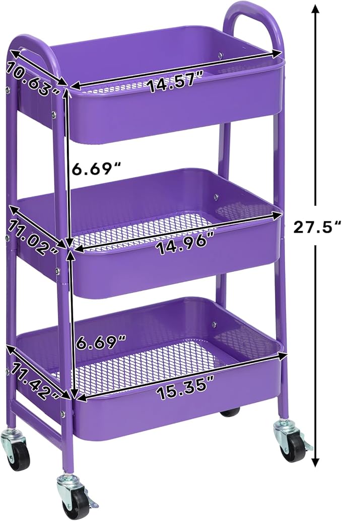 AGTEK Makeup Cart, Movable Rolling Organizer Cart, 3 Tier Metal Utility Cart with Lockable Wheels for Home & Office, Violet-NeatNest