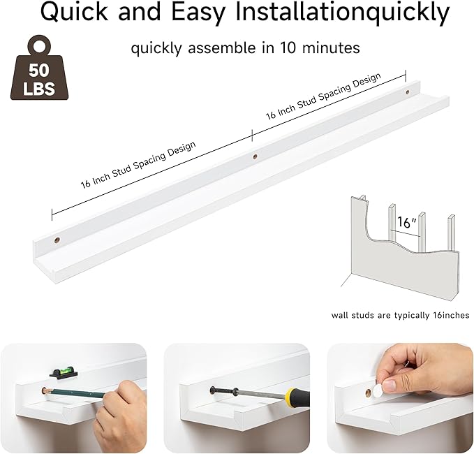 Fun Memories Picture Ledge Shelf, 36 Inch Floating Shelves Set of 2, Nursery Book Shelves for Toys Storage, Kids Bookshelf Wall Mounted for Wall Decor Books Photo Frames, White-NeatNest