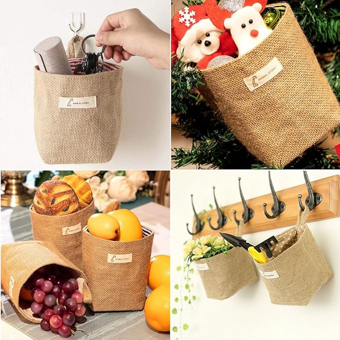 6 PCS Mini Hanging Storage Bags, Anberky Cotton Linen Small Storage Basket Wall Hanging Organizer Box Wall Mounted Storage Pocket Collapsible Decor Bin Bag with Handle for Wall Door Closet (#A)-NeatNest