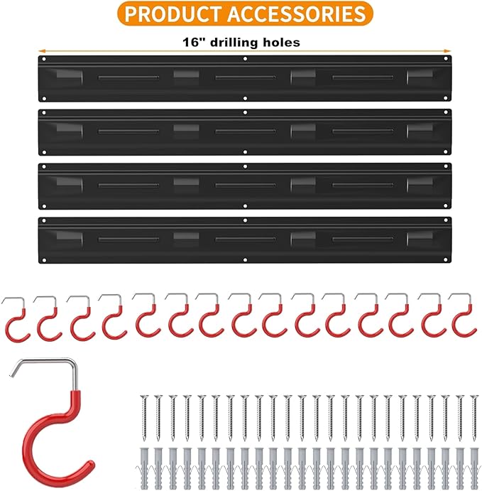 WALMANN All Metal 64 Inch Wall Mount Garden Tool Organizer for Garage, Mop and Broom Holder, Yard Tool Storage Rack for Rake, Shovel, Spade, Mop, Broom(4 Rails, 16 Hooks)-NeatNest