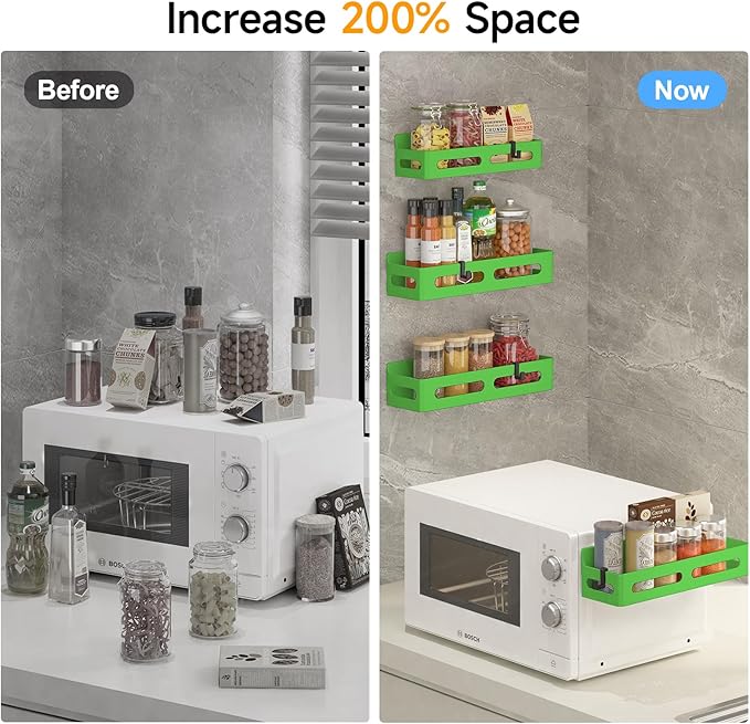 4 Pack Magnetic Spice Rack for Refrigerator, Spice Rack Organizer, Moveable Magnetic Shelf Fridge Organizer with 4 Hooks for Kitchen and Oven Organization, Green