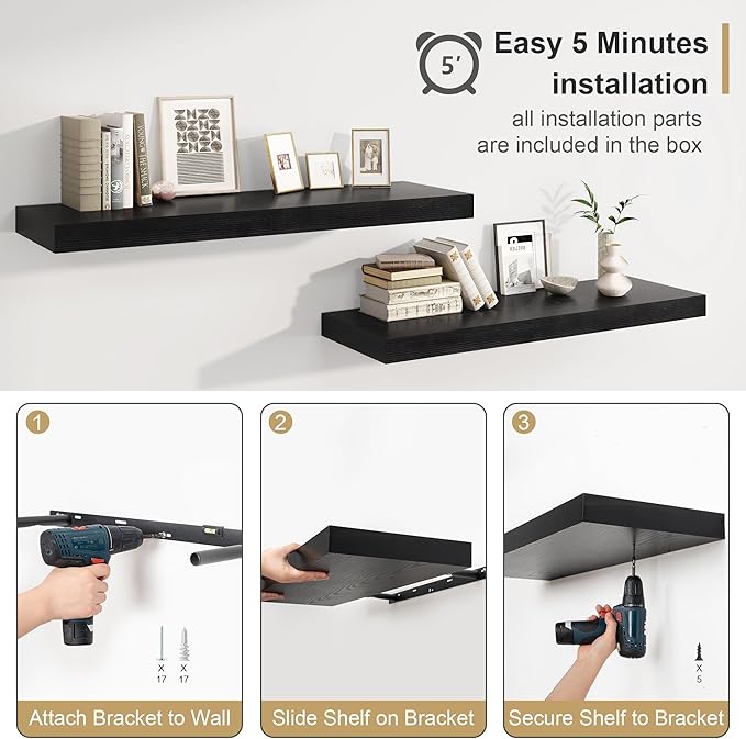 Heimlove Black Bathroom 12'' Deep Floating Shelves for Wall - Shelf Over Toilet Wall Mounted Farmhouse 24 inches,Rustic Wood Shelves Decor & Storage,Set of 1-NeatNest