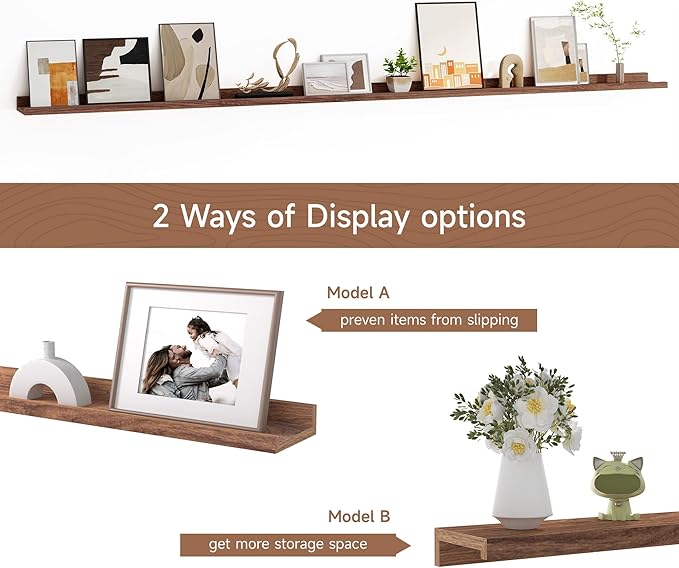 Floating Picture Ledge Shelves for Wall Set of 2, 84 Inches Picture Ledge Shelf with Long Large Nursery Book Shelf for Toys Storage Kids Bookshelf Wall Mounted Living Room Bedroom Decor Frames, Walnut-NeatNest