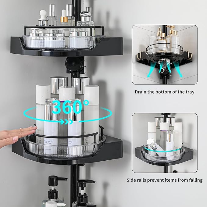 Tension Pole Shower Caddy with 4 L-Lazy Susan Organizer 360 Rotating 35-128 Inch No Drilling Floor Standing Shelves Adjustable Shower Rack for Bath Essentials (Black)