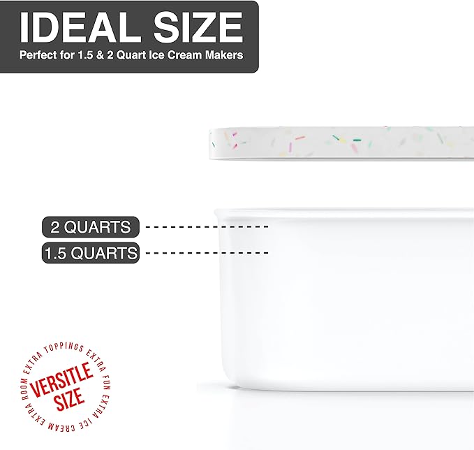 BALCI Ice Cream Containers - 2 Quart Ea. (Set of 2) - Premium Reusable Freezer Storage for Homemade Ice Cream Tub for Sorbet, Frozen Yogurt - Flexible Silicone Lids, Long Scoop - White With Sprinkles