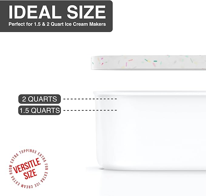 BALCI,Ice Cream Container,2 Quart,Perfect Reusable Freezer Storage for Homemade Ice Cream Tubs for Sorbet, Frozen Yogurt and Gelato!,Flexible Silicone Lids, Long Scoop, Stackable,White with Sprinkles